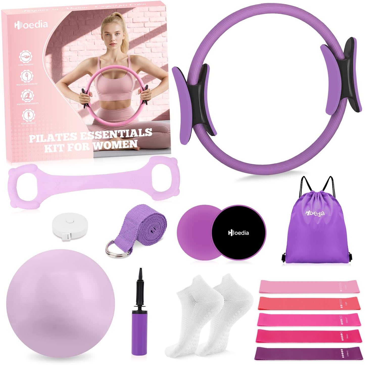Hoedia Pilates Kit for Women, Pilates Equipment Ring and Ball Set, Purple