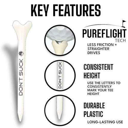 Don't Suck Golf Tees 2 ¾” – 50 Pack Durable Plastic 4-Prong Funny Golf Tees with PureFlight Tech – Low Resistance for Straighter, Longer Drives I Golf Gift – Reusable Tee Pouch Included