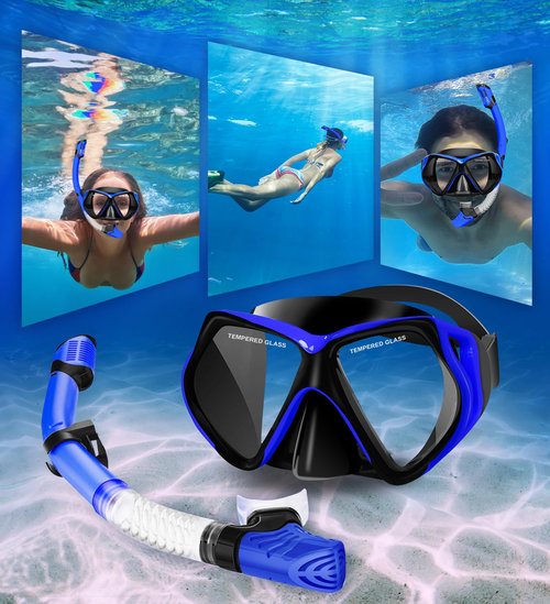 Snorkeling Gear for Adults Set & Dry Snorkel Set, 180° Panoramic Wide View Scuba Mask and Snorkel, Leak Proof Anti-Fog Swim Diving Mask for, Snorkeling, Swimming, Diving(Black Blue)