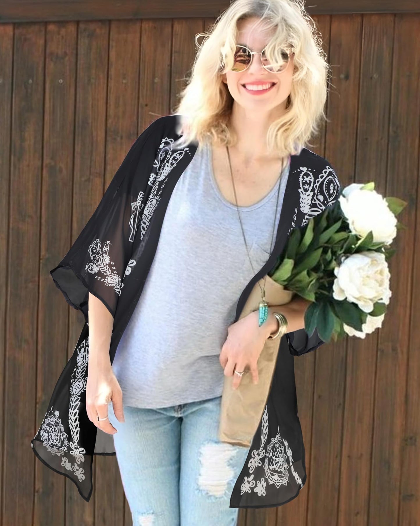Summer Kimono Cardigan for Women Sheer Boho Tops Casual Open Front Swimwear Shirts Beach Cover ups (Caftan Black,5XL)