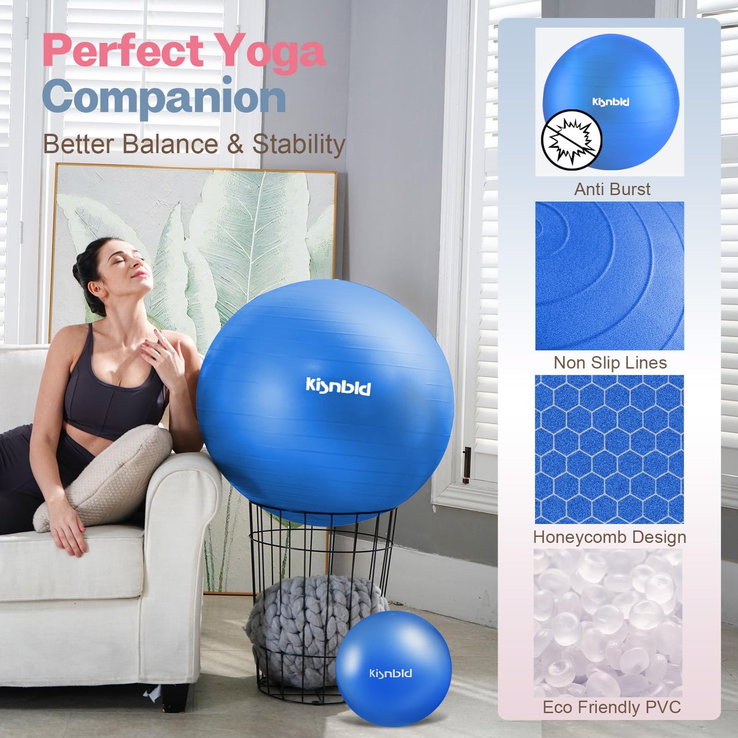 kisnbld Exercise Ball, Extra Thick Yoga Ball for Workout Pregnancy Stability, 4 Sizes Anti-Burst Balance Ball with Foot Pump - Heavy Duty Fitness Ball Chair for Office, Home & Gym
