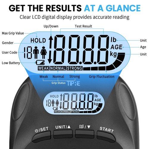 TIPRE 396lbs/180kg Grip Strength Tester, Hand grip Dynamometer, Digital Grip Strength Tester with LCD Display, Adjustable Hand Grip Training Gauge, Hand Exercisers for Sports Home School Use - Black