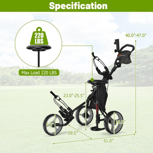 Goplus 3 Wheel Golf Push Cart, Lightweight Foldable Caddy Cart w/Adjustable Seat, Handle, Umbrella Holder, Foot Brake, Golf Trolley for Golf Bags, Collapsible Golf Pull Cart for Men Women (Grey)