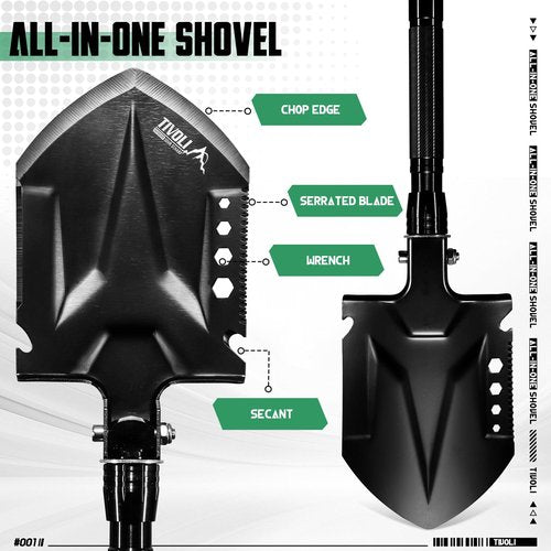 Tivoli Folding Camping Shovel Kit,Multifunctional Survival Shovel with Manganese Steel for Outdoor Off Road, Home Repair,Beach,Car Emergency. Camping Kit with Storage Case,Ideal Gift