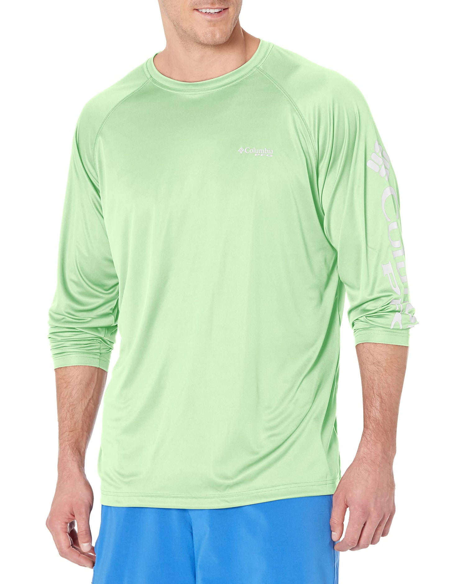Columbia Men’s PFG Terminal Tackle Long Sleeve Shirt, Sun Protection, Lime Glow/White Logo, X-Small