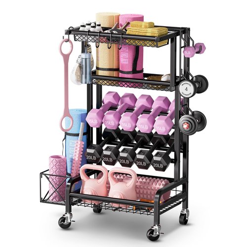Dumbbell Rack, Weight Rack for Home Gym Storage Rack with Lockable Wheels & Hooks, Workout Equipment Storage for Yoga Mat Foam Roller Kettlebells Resistance Bands