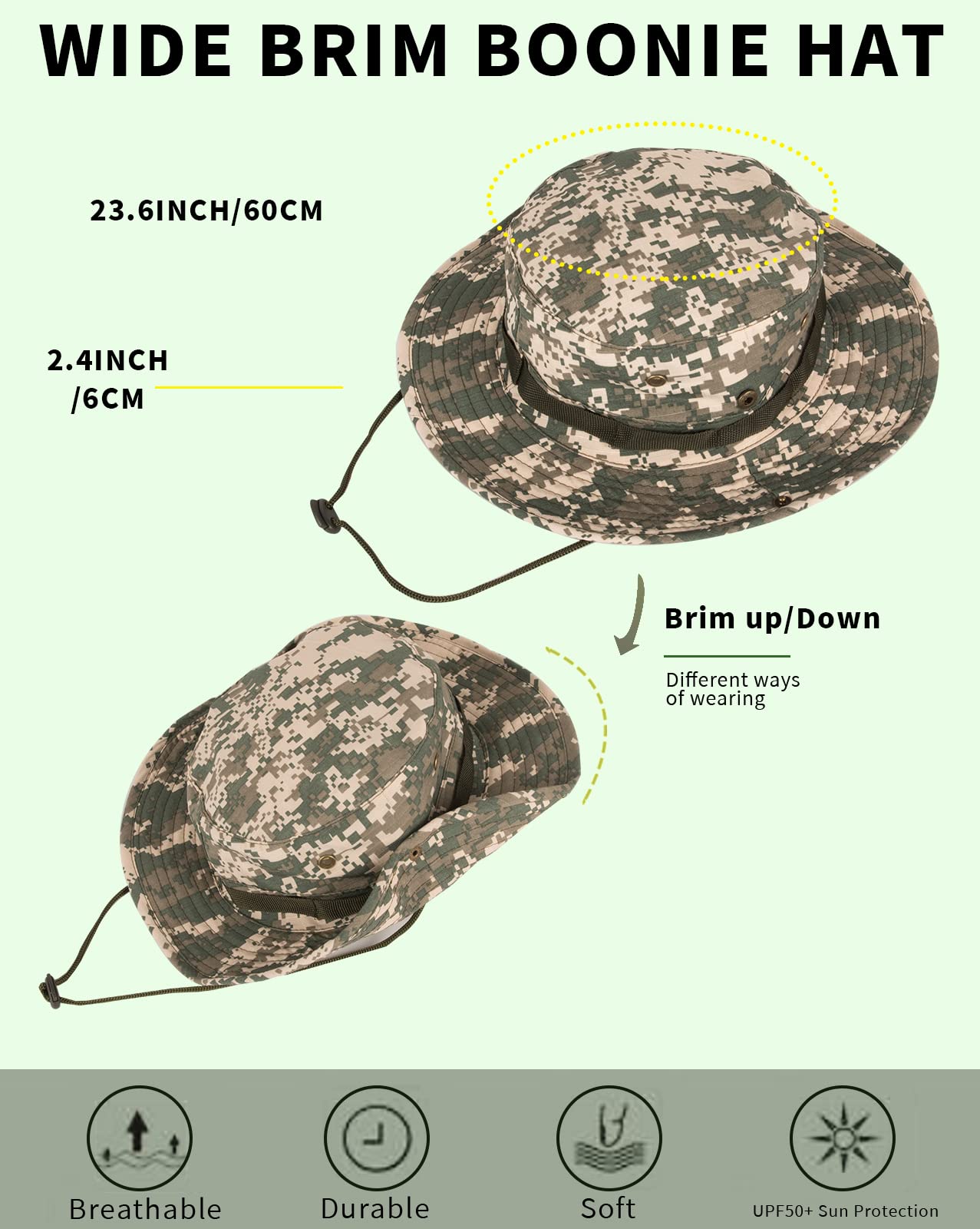 Sun Hats for Men Women Bucket Hat UPF 50+ Boonie Hat Foldable UV Protection Hiking Beach Fishing Summer Safari(2pack-Army Green+Green-1)