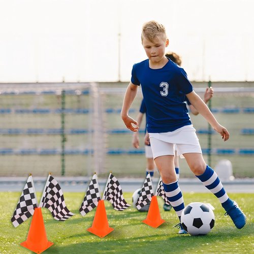 Mini Traffic Cones（With Hole on Top）with Racing Checkered Flags, Sports Safety Cones for Soccer Cones and Basketball Practice Equipment - Mini Orange Cones for Soccer Practice and Small Driving Practice Cones.Race Car Birthday Party Supplies, Kids Gift.