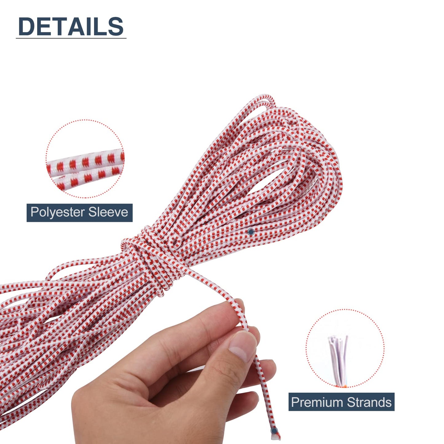 BRILLIANCE4U Tent Pole Shock Cord 3/32 in 60ft, Replacement Elastic Bungee Cord Red White for Tent Poles, Metal Wire and Washers Included