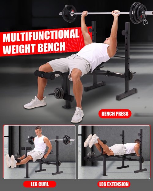 OPPSDECOR Standard Weight Bench Set with Squat Rack, 600LBS Adjustable Bench Press Set with Leg Extension and Leg Curl, Foldable Flat Incline Decline Workout Bench for Home Gym Full Body Training