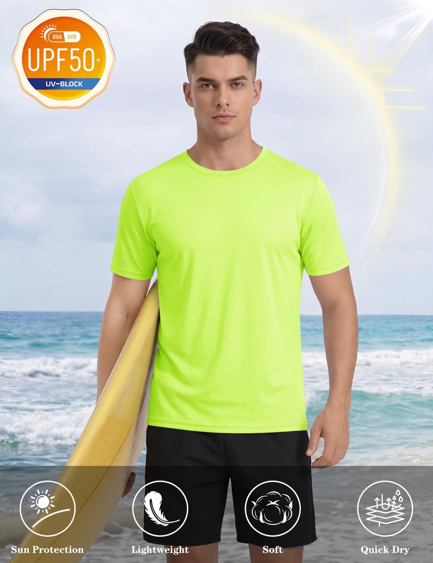 KEFITEVD Short Sleeve Fishing Shirts for Men UPF 50+ Sun Protection Shirts Swim UV Athletic Workout T-Shirts Breathable Shirts Fluorescent Green