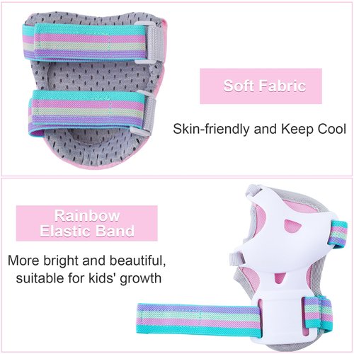 FIODAY Kids Knee and Elbow Pads Wrist Guards Adjustable Protective Gear Set for Girls Boys Inline Skating Biking Skateboard Scooter, Pink, 3-8 Years