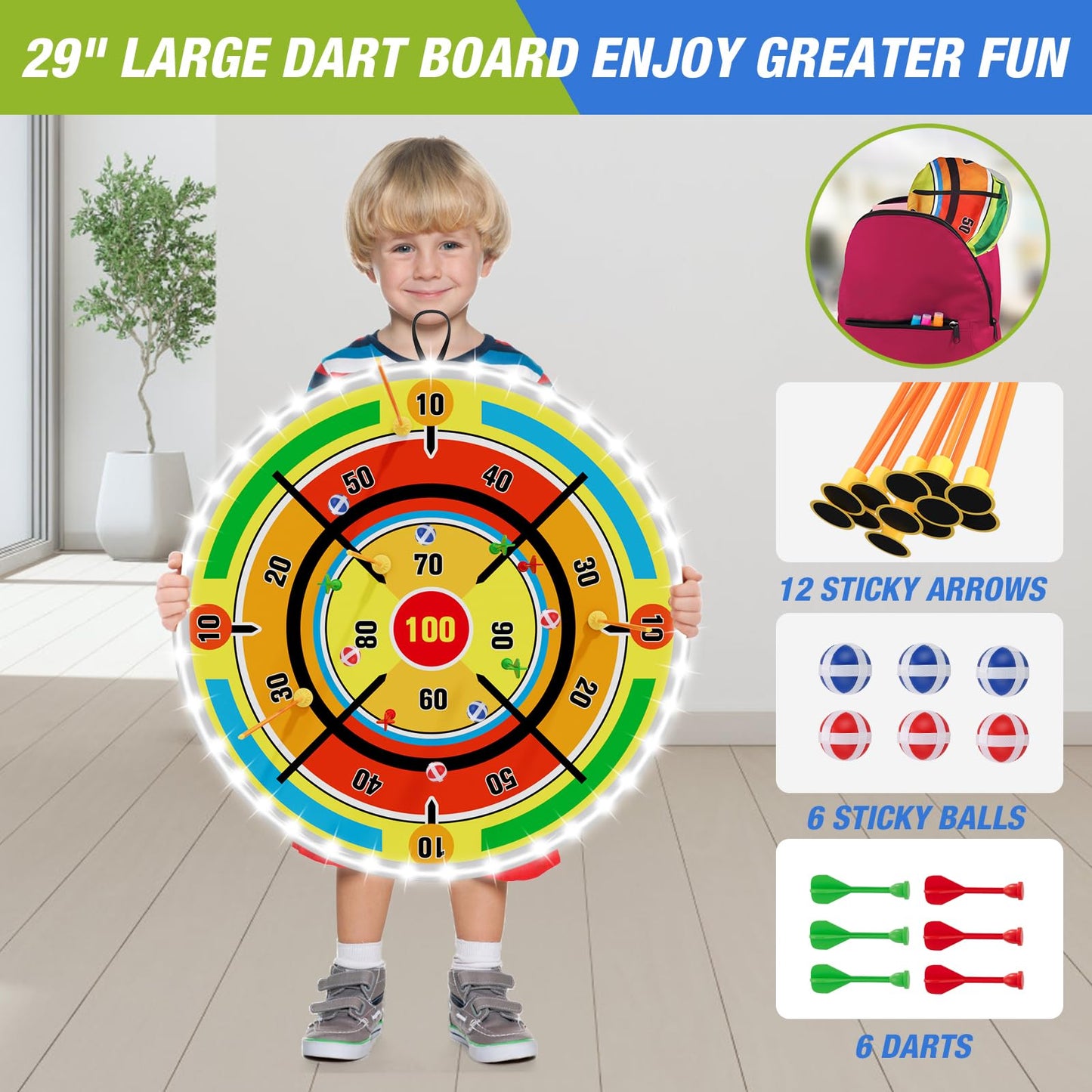 HYES 2 Pack Kids Bow and Arrow with 29" Large Dart Board, LED Light Up Archery Set with 24 Suction Cup Arrows, Indoor Outdoor Sport Toys Gifts for 3 4 5 6 7 8 9 10 11 12 Year Old Boys Girls
