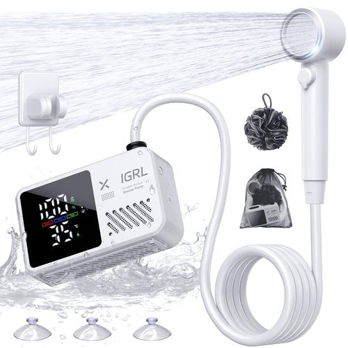 IGRL Portable Shower for Camping, Powerful 10L/Min Water Flow, Rechargeable Shower Pump with Bath Sponge, 4 Spray Modes, IPX8 Waterproof, 7800mAh Battery, Ideal for Hiking, Travel, Car Wash, Pet