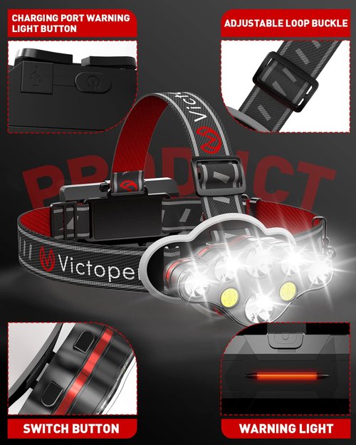 Victoper Rechargeable Headlamp, 8 LED High Lumen Super Bright Headlights with Red Light, USB Waterproof Head Flashlight, 8 Mode Head Lamp for Outdoor Running Fishing Working Camping Gear