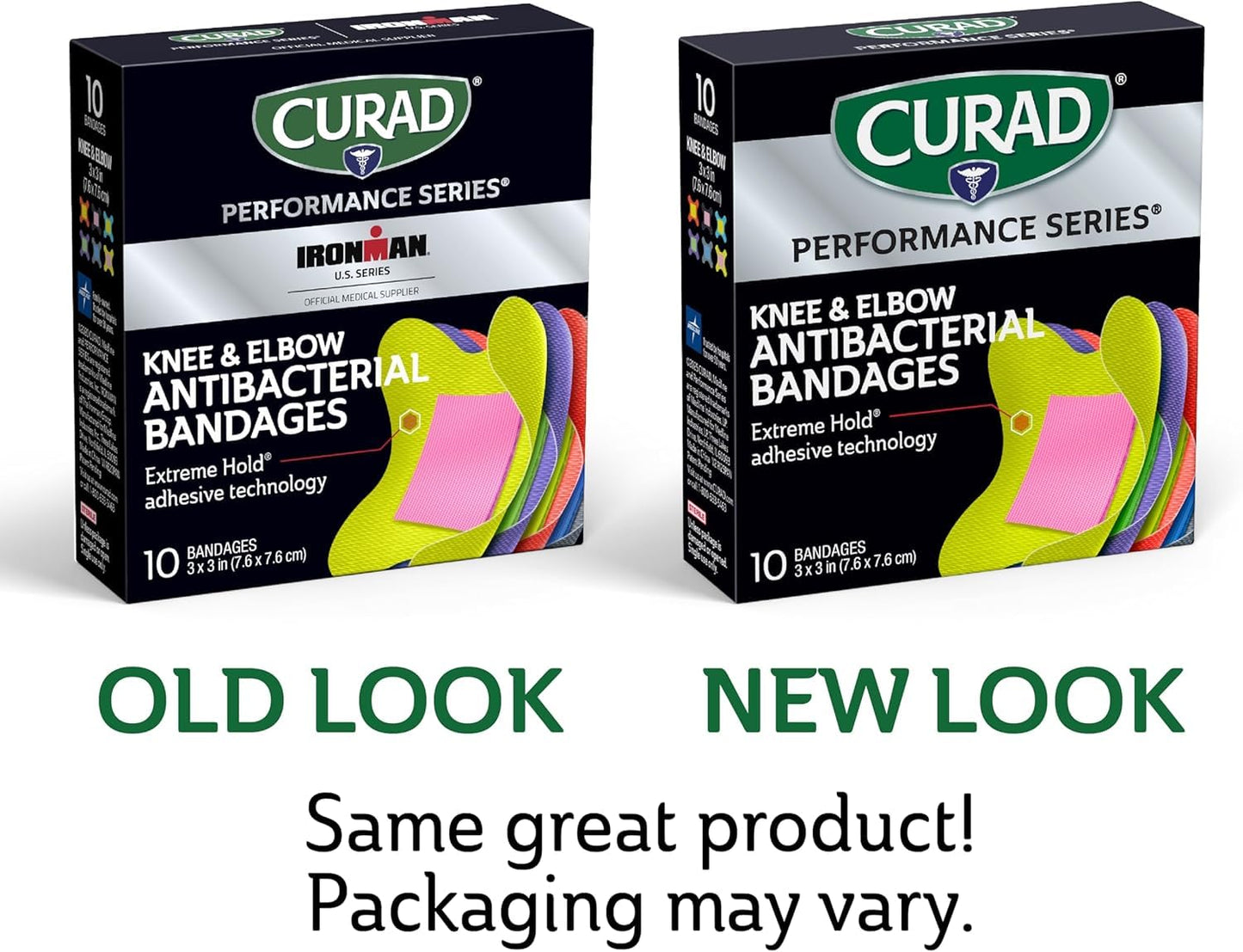 CURAD Performance Series Antibacterial Bandages, Elbows and Knees, 3" x 3", 10 Count