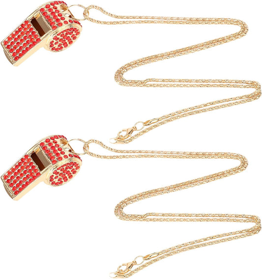 2pcs Bling Whistle, Metal Crystal Rhinestone Whistles Loud Crisp Sound Sports Whistle with Chain Lanyard Gifts for Teacher Referee Official Lifeguard Basketball Training (Gold, Red)