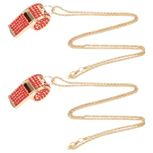 lasuroa 2pcs Bling Whistle, Metal Crystal Rhinestone Whistles Loud Crisp Sound Sports Whistle with Chain Lanyard Gifts for Teacher Referee Official Lifeguard Basketball Training (Gold, Red)