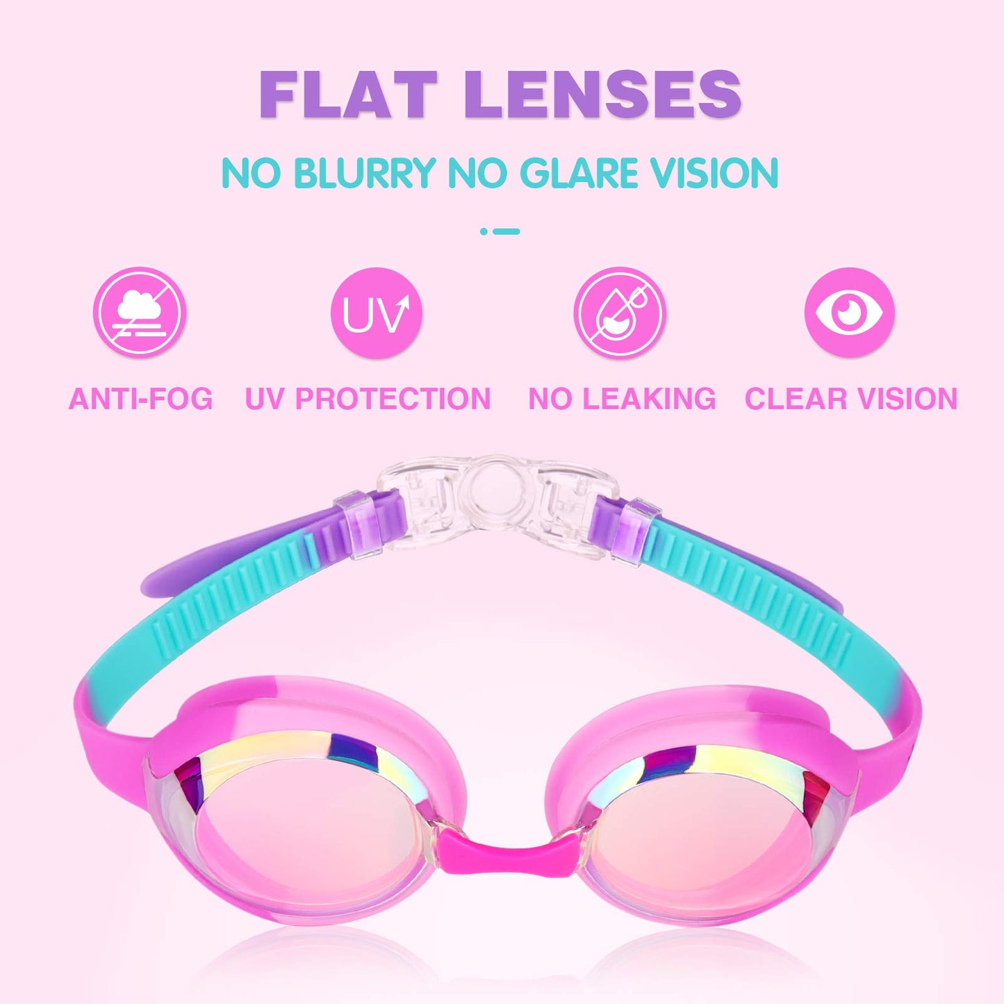 Keary Kids Swim Goggles for Toddler Children Girls Boys Youth, Anti-Fog Waterproof UV Protection Clear Vision Mirror Flat Lens, Pink Kids Goggles with 3 Nose Pieces