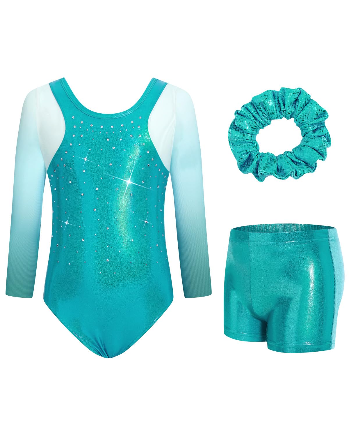 JiAmy Gymnastic Leotards for Girls 3/4 Sleeve Sparkly Unitards with Shorts Dance Biketards Green 5-6 Years