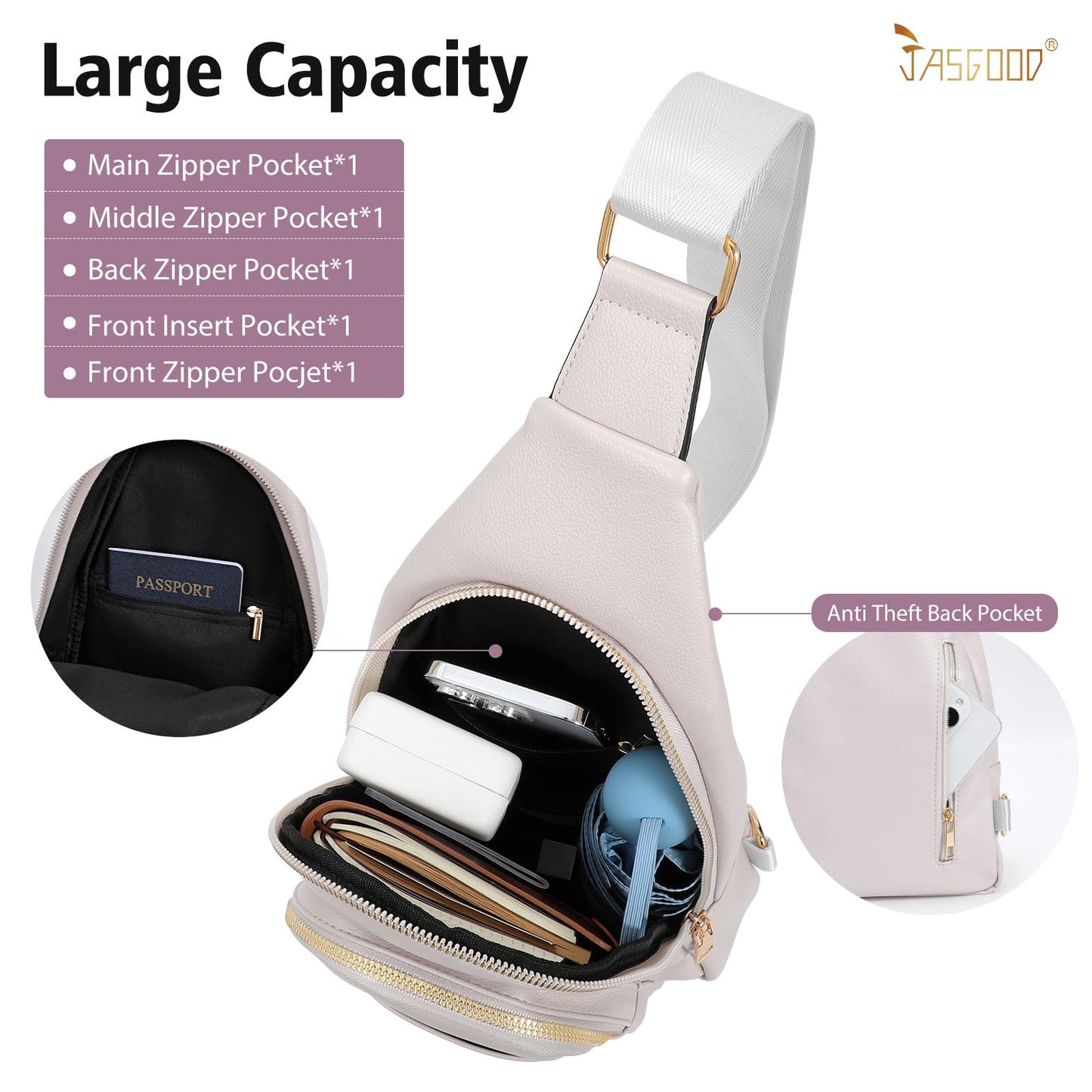 JASGOOD Sling Bag for Women Crossbody Leather Anti-theft Fanny Packs Chest Bag Sling Backpack for Fashion Travel,Light Gray