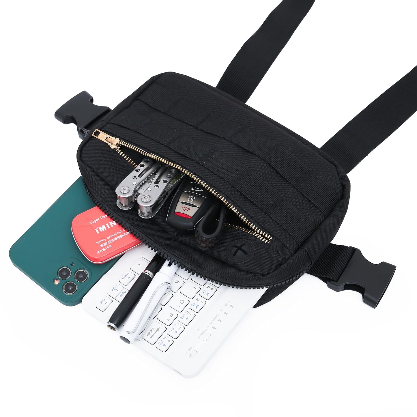 Muserise Outdoor Chest Bag For Men, EDC Chest Pack With Built-In Phone Holder, Lightweight Chest Rig Pouch (Black)