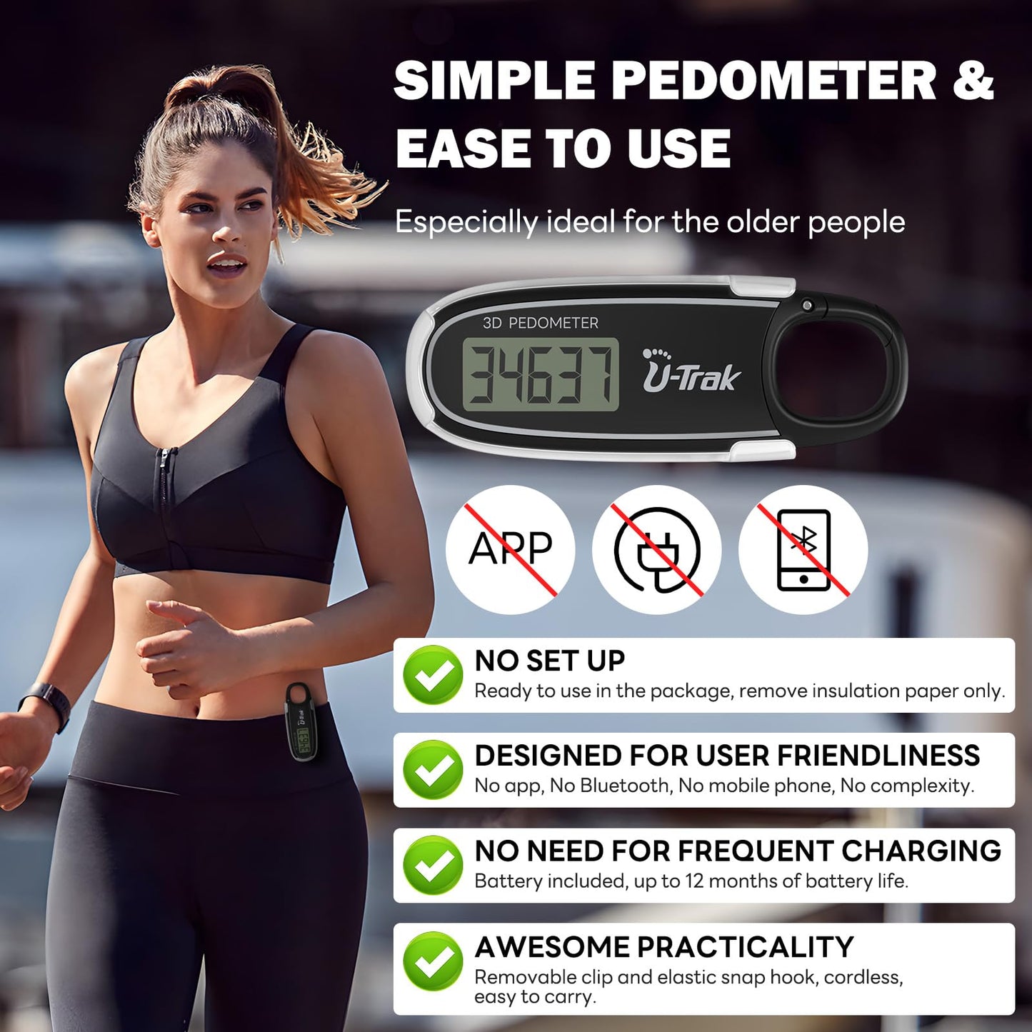 3D Pedometer for Walking with Removable Clip and Carabiner Simple Step Counter for Walking Accurate Clip On Step Tracker for Men Women Kids (Black)