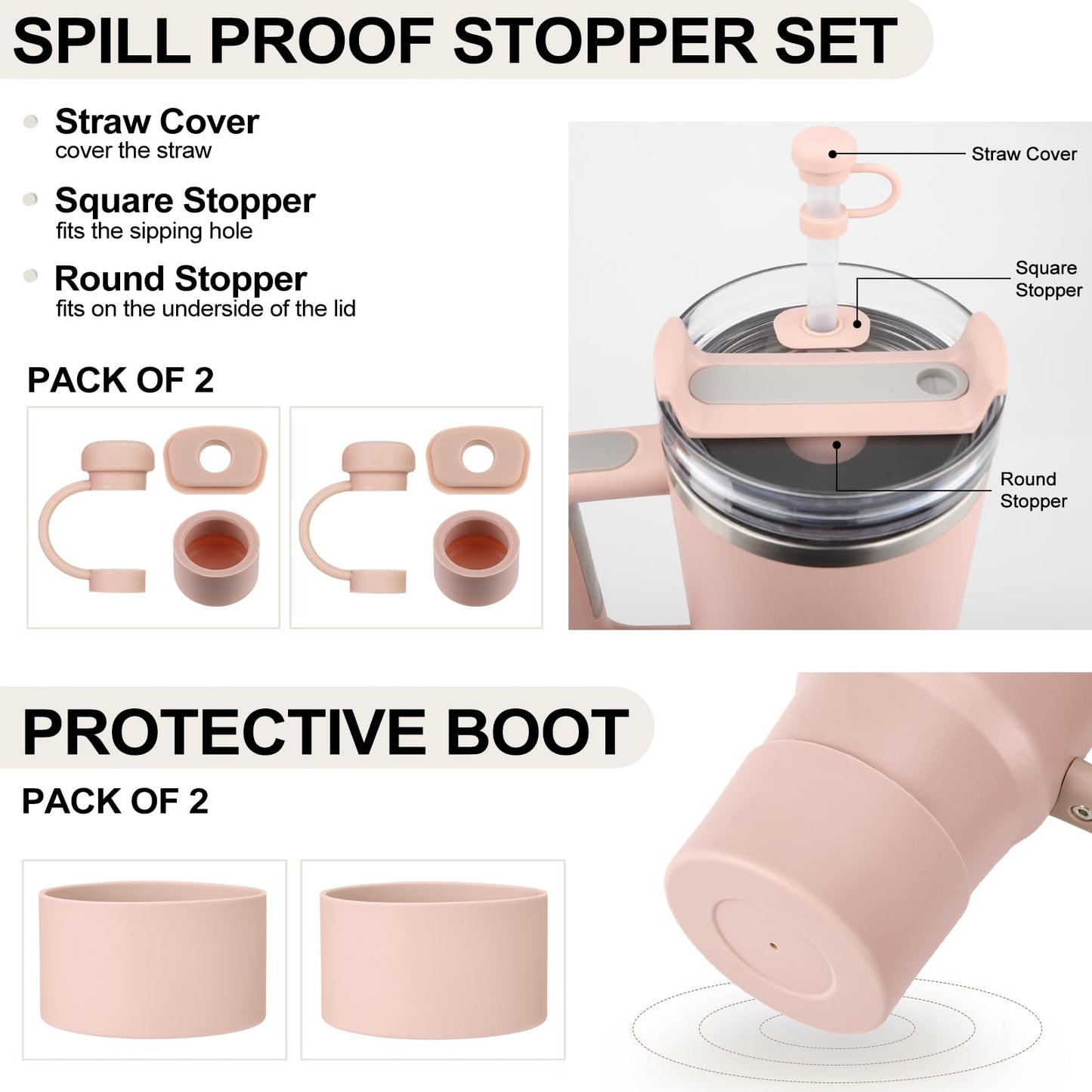 HYZ 8 Piece Accessories for Stanley Cup, Silicone Spill Proof Stopper Set and Protective Boot Including Straw Cover Cap for Stanley H2.0 20oz 30oz 40oz Tumbler, Pink Dusk