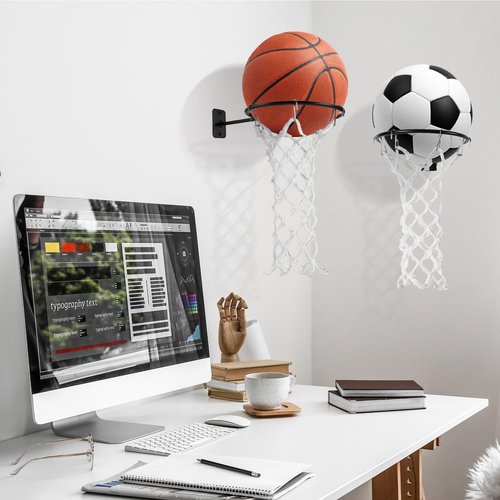 RoundFunny 2 Pcs Basketball Holder Wall Mount Ball Stand Display Storage Rack with Net and Hooks Sports Accessories Organizer for Football Soccer Volleyball Display