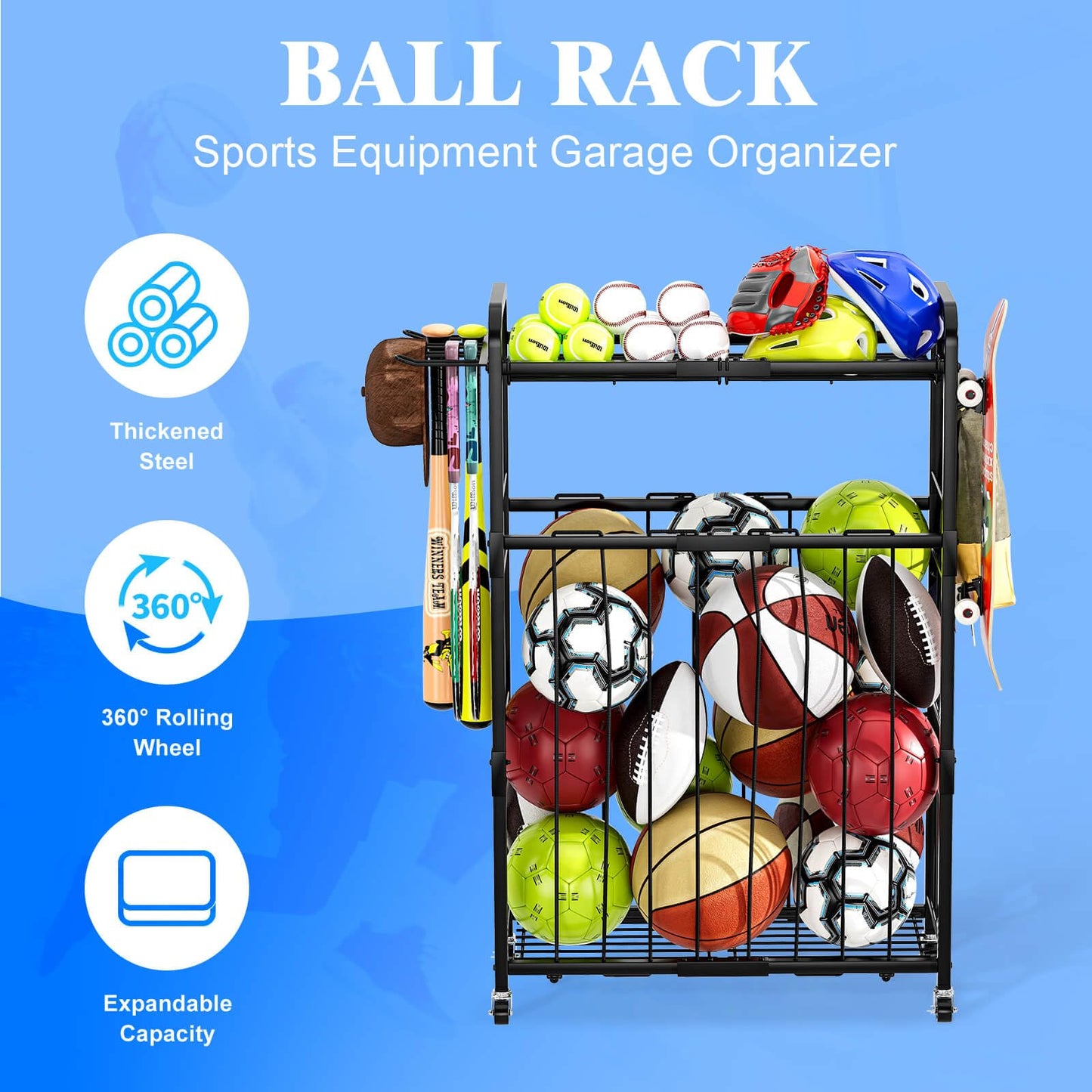 YIWANFW Garage Ball Storage Rack - Sports Equipment Organizer with Wheels, Rolling Sports Ball Cart with Elastic Rope, Outdoor Ball Holder for Basketball Soccer Volleyball Football, Garage Toy Storage