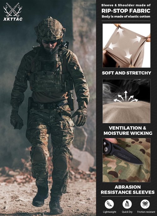 XKTTAC Combat Tactical Shirt for Men with 2-4 Pockets Airsoft-Military-Paintball-Camping Gear Army Security Clothes(Cp/2 Pockets,3XL)
