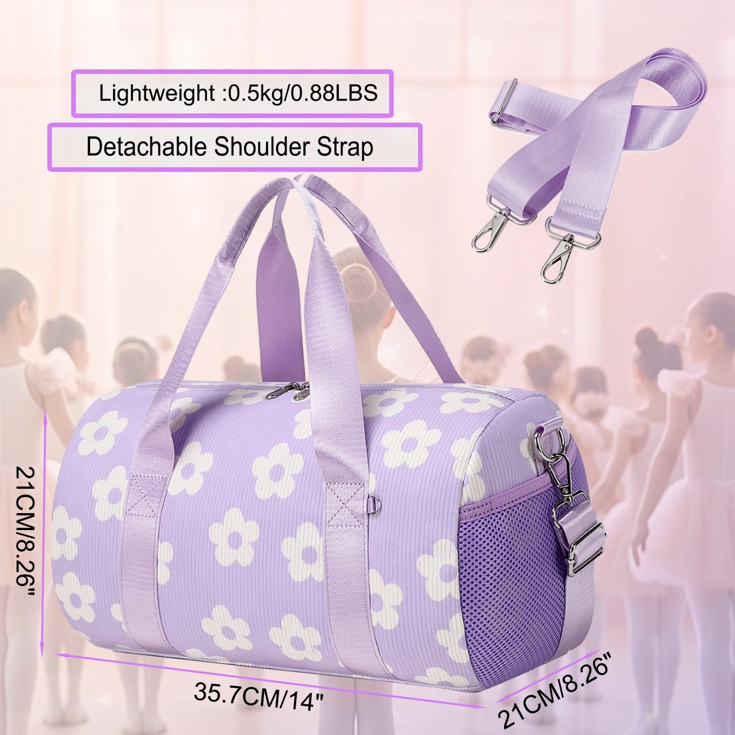 Dance Ballet Bag for Girls Purple Corduroy Dance Bag for Girls 4-6 Toddler Small Duffle Ballerina Bags with Waterproof Dry Wet Separated Compartment