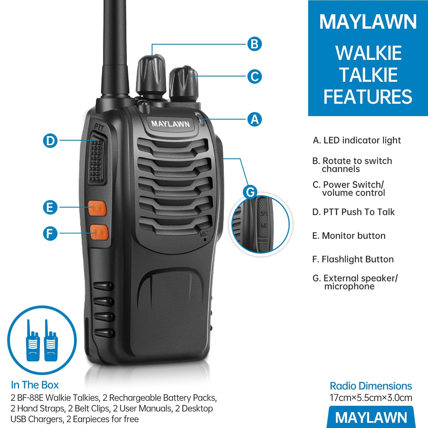Maylawn Walkie Talkies Pack of 2, Walkie Talkies Long Range for Adults with Rechargeable Batteries, Two Way Radios with LED Light Earpieces and Chargers, 16 Channels, Supports VOX Function