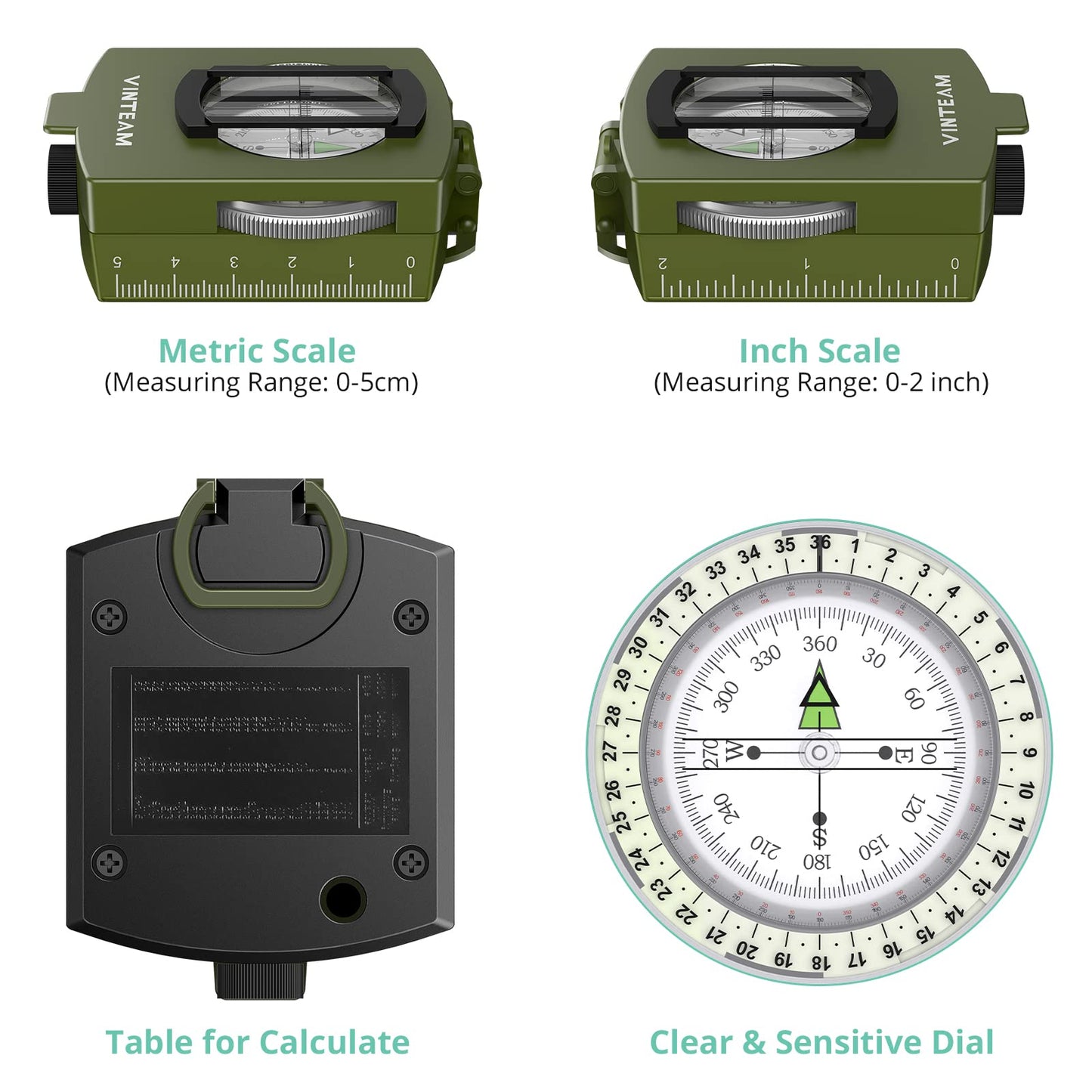 VinTeam Compass, Hiking Compass Military Compass Multifunctional Waterproof Metal Sighting Compass with Carrying Bag and Bubble Levels for Hiking Camping Climbing Biking-Bronze