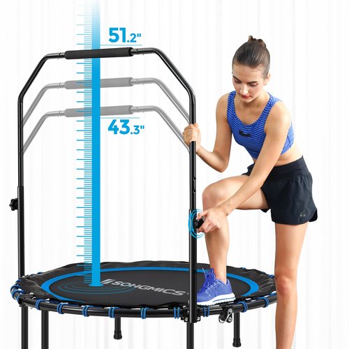 SONGMICS 40 Inches Mini Fitness Trampoline, Fitness Rebounder with Adjustable Handrail, Foldable Trampoline for At-Home Workout, Max. Load 264.6 lb, Blue and Black USTR040Q01