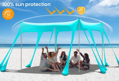 Beach Tent Sun Shelter 13x10FT, UPF50+ Outdoor Beach Shade Canopy with 10 Sandbags, Sand Shovel, Ground Pegs & Stability Poles, Beach Canopy Tent for Camping, Fishing, Picnics, Trips