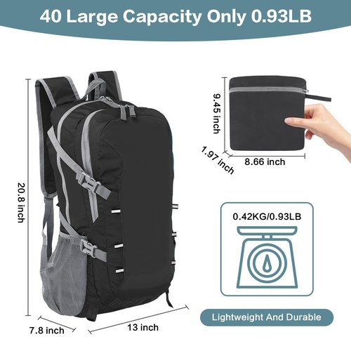 BiYiYun 40L Hiking Backpack, Lightweight Foldable Hiking Daypack with Wet Pocket, Waterproof Travel Camping Bag for Men Women (Black)