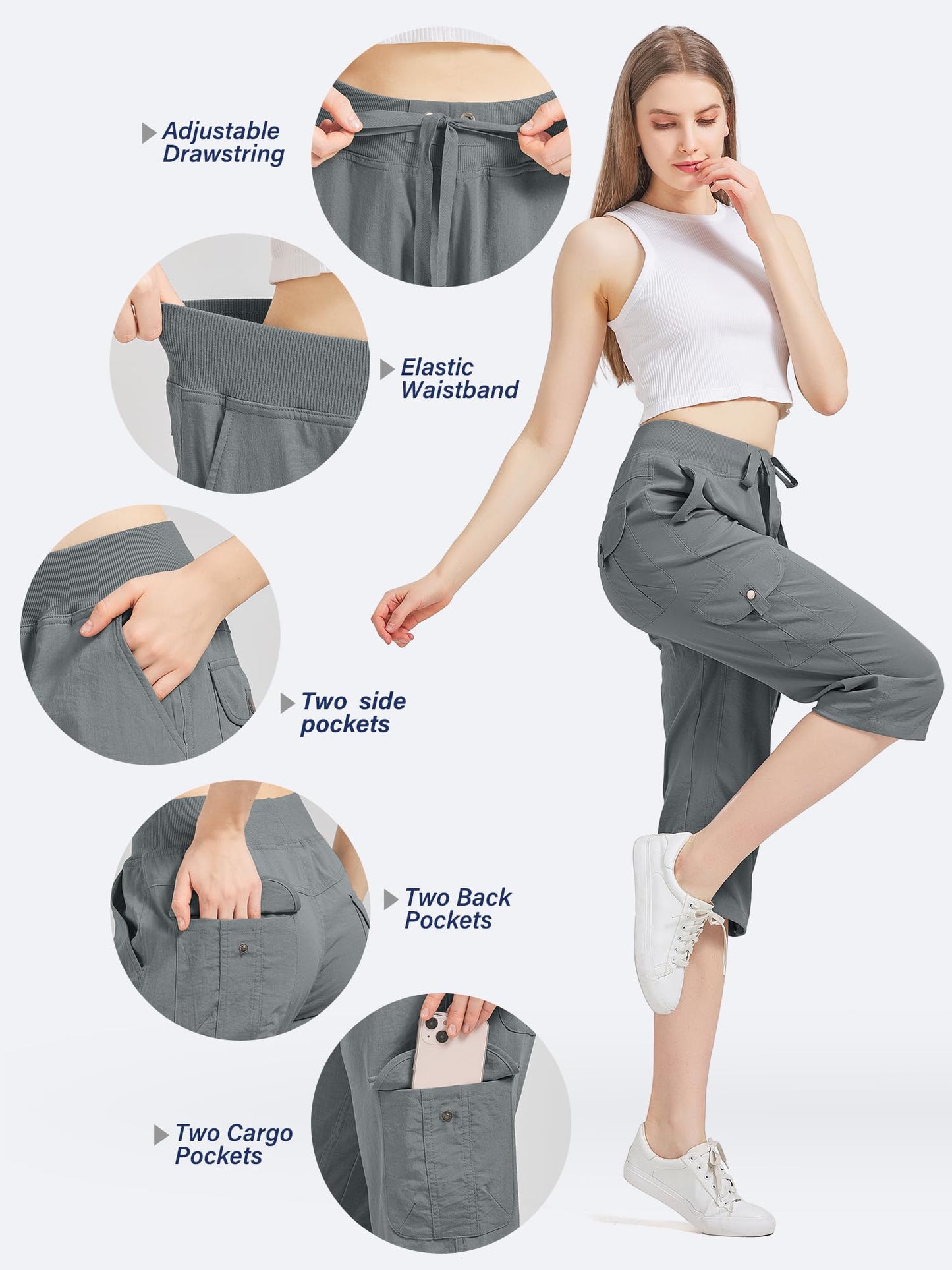 Toumett Women's Cargo Capris Hiking Pants Quick Dry Lightweight Athletic Outdoor Travel Loose Fit Casual Capris with Pockets(2032,Grey,L)