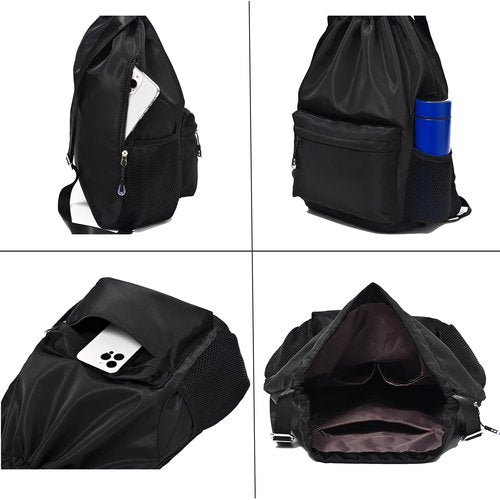 LOKAPEGY Black Drawstring Backpack for Women, Waterproof Drawstring Gym Bag for Men, Small Cinch Sack for Basketball, Pull String Sport Bag for Soccer.