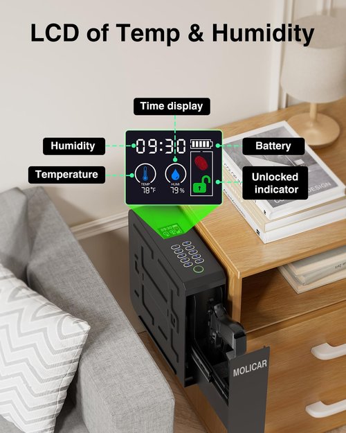 MOLICAR Biometric Slider Pistol Safe with LCD of Temp Humidity Battery, Mounted Single Bedside Gun Safe with 3 Ways Quick Access Handgun Case for Nightstand, Bed, Desk, Wall, Dresser