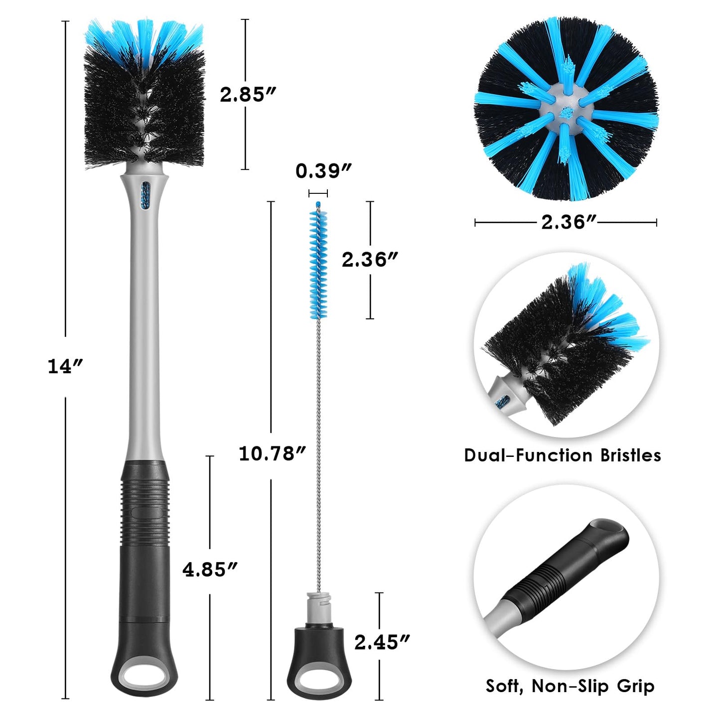 MOSOLAN 2-in-1 Water Bottle Brush and Straw Cleaner Brush, Long Handle Water Bottle Scrubbing Brush for Water Bottles, Glasswares, Mugs, Flasks, Tumblers and Kitchen Sink, Black, 1 Pack
