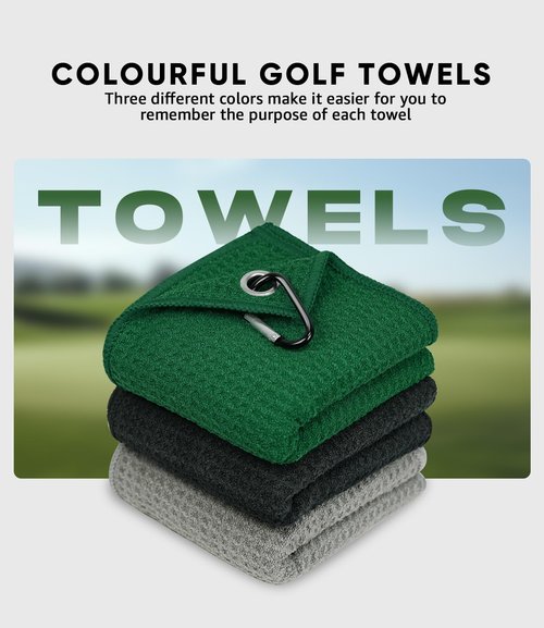 Jiskan Golf Towel Pack of 3 (16" X 16") Waffle Pattern Golf Towels for Golf Bags with Club Range Card, Hook Clip and Gift Box, Essentials Golf Accessories for Men Golf Gifts for Men/Women