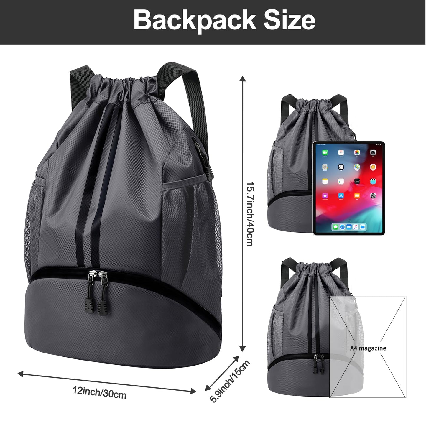 Hoedia Sports Drawstring Backpack - String Swim Gym Bag with Shoes Compartment and Wet Proof Pocket for Women and Men, Dark Grey