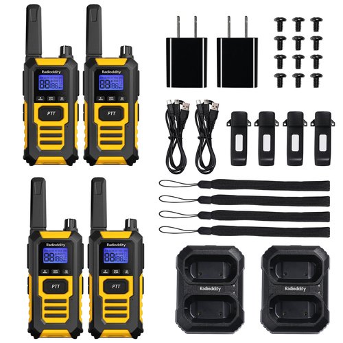 Radioddity HD-1 IP67 Heavy Duty Walkie Talkies, Waterproof Dustproof Shockproof Long Range Two Way Radio with One-Key Group Call, Vibrate Alert, SOS, Dual PTT, Base & USB-C Charing, 4 Packs
