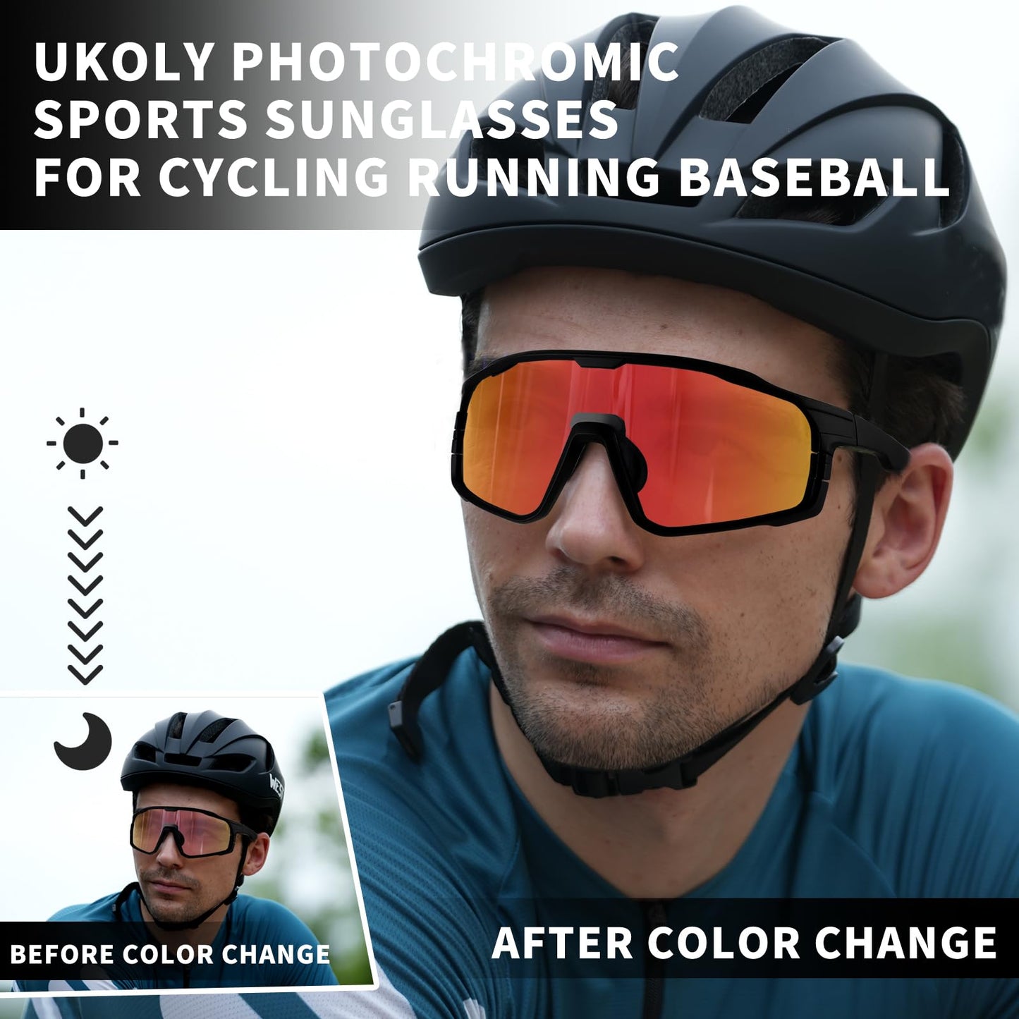 Ukoly Photochromic Cycling Glasses For Men Women, Sports Sunglasses For Baseball Running Cycling HD Lens UV400 Protection 628 (HD Photochromic Red)