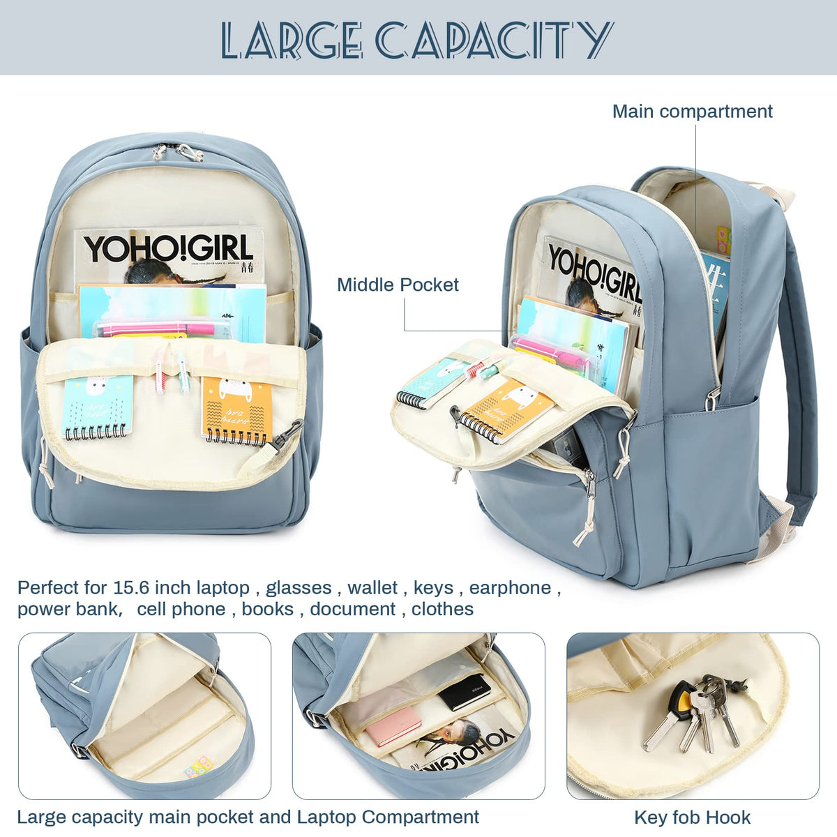 Lanola Teen Girl School Backpack Casual Daypack Bookbag Elementary Middle School College Fashion Travel Backpack with Cute Ribbon for Girls - Dark Blue