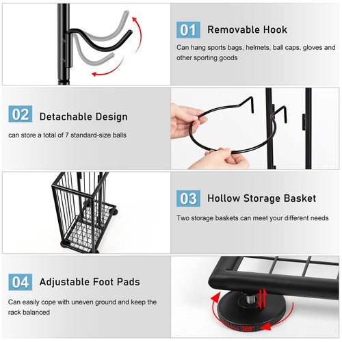 Basketball Ball Storage Rack 7 Tier Standing Basketball Holder Vertical Garage Ball Storage Ball Sports Equipment Storage Organizer with Baskets and Hooks for Volleyball Football Badminton, Black