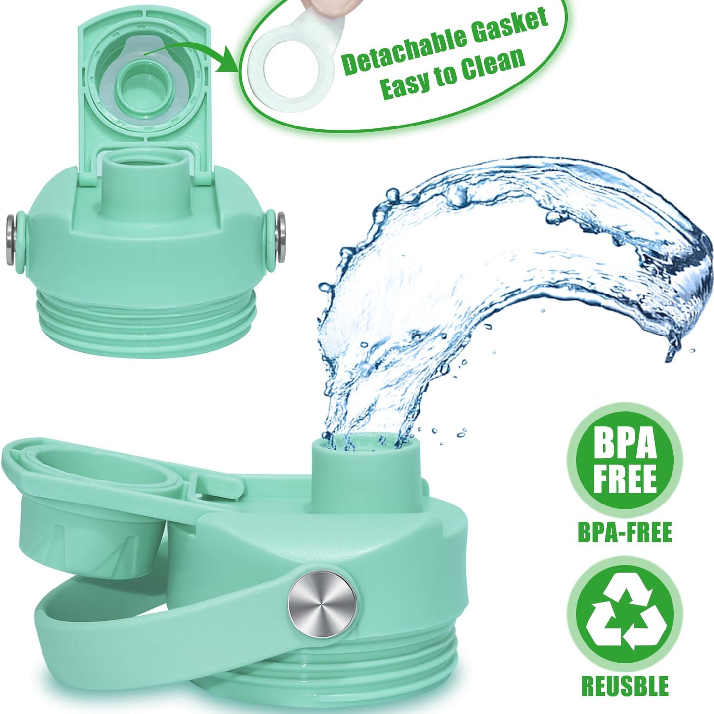 Chug Cap for YETI Rambler Lid Replacement - 12 18 26 36 64 oz and Jr. 12 oz Kids Bottle, Flex Handle Spout Top for YETI Straw Lid Accessories, Cap Top Removable Gasket Easy to Clean, BPA free -Seafoam