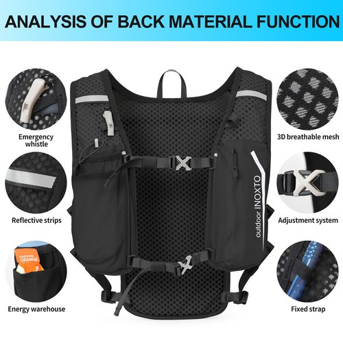 INOXTO Running Hydration Vest Backpack,Lightweight Pack with 1.5L Water Bladder and 250ml Soft Flask Daypack for Hiking Trail Running Cycling Race Marathon for Women Men (Black, Standaed)