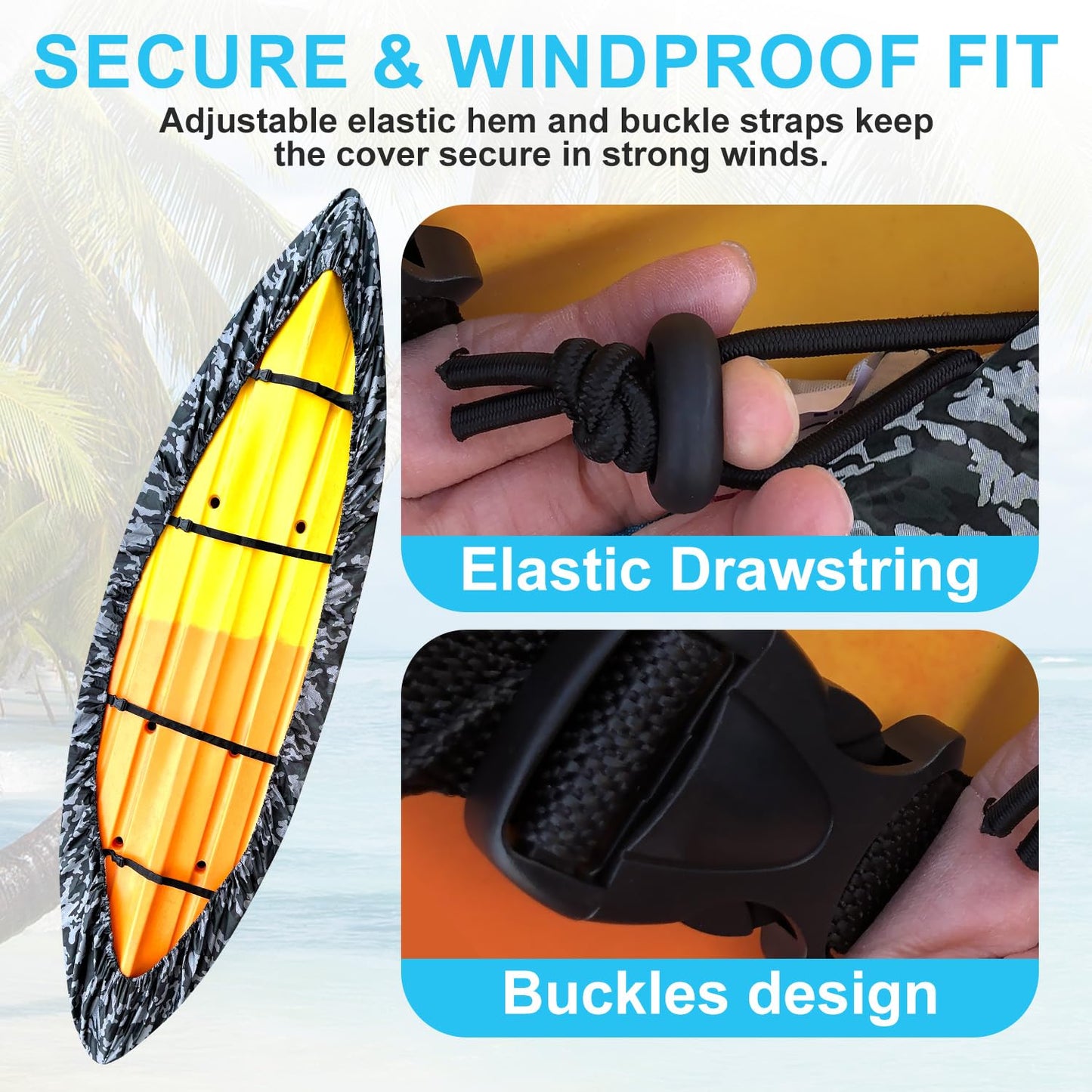 Kayak Cover, 420D Waterproof Kayak Covers for Outdoor Storage, Ultra Strong Canoe Storage Oxford UV Resistant Dust Cover Sunblock Fishing Boat Cover Shield Protector- Camouflage